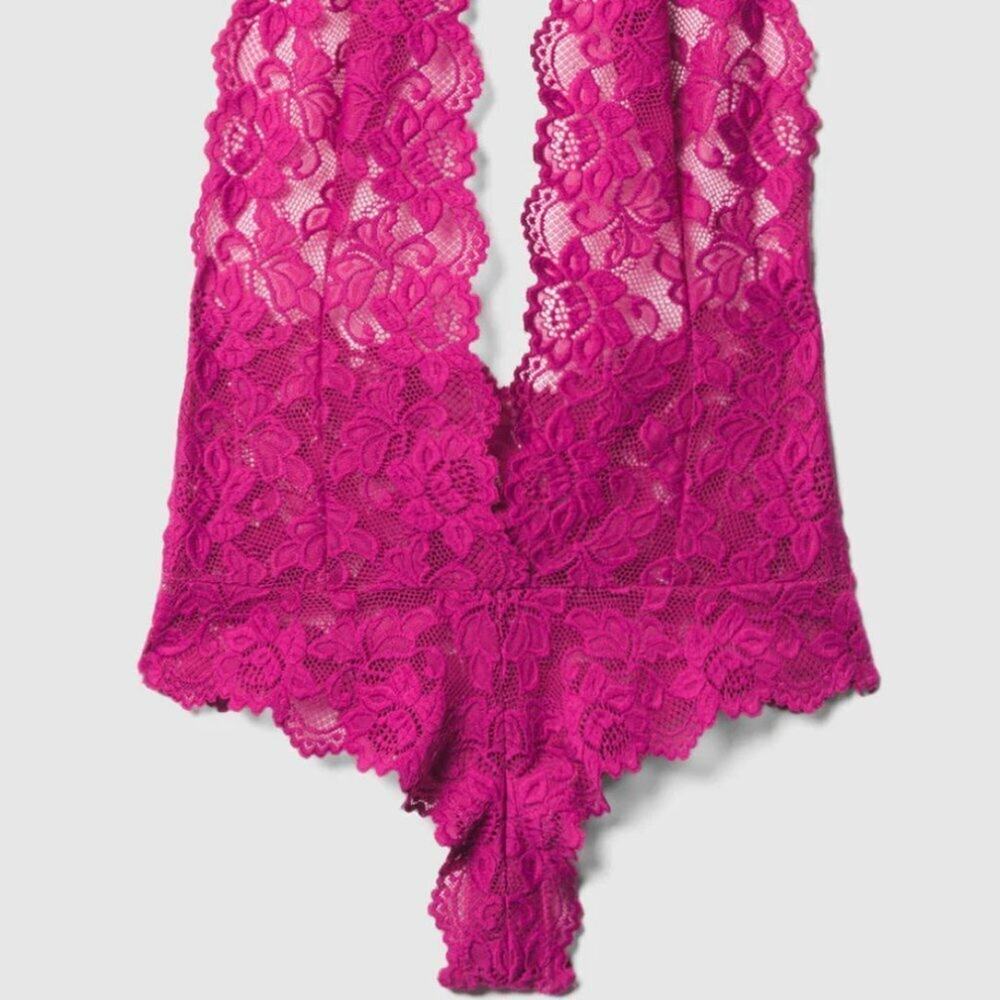 Fredericks of Hollywood Jessica Lace Teddy hot pink lace bodysuit Small EUC